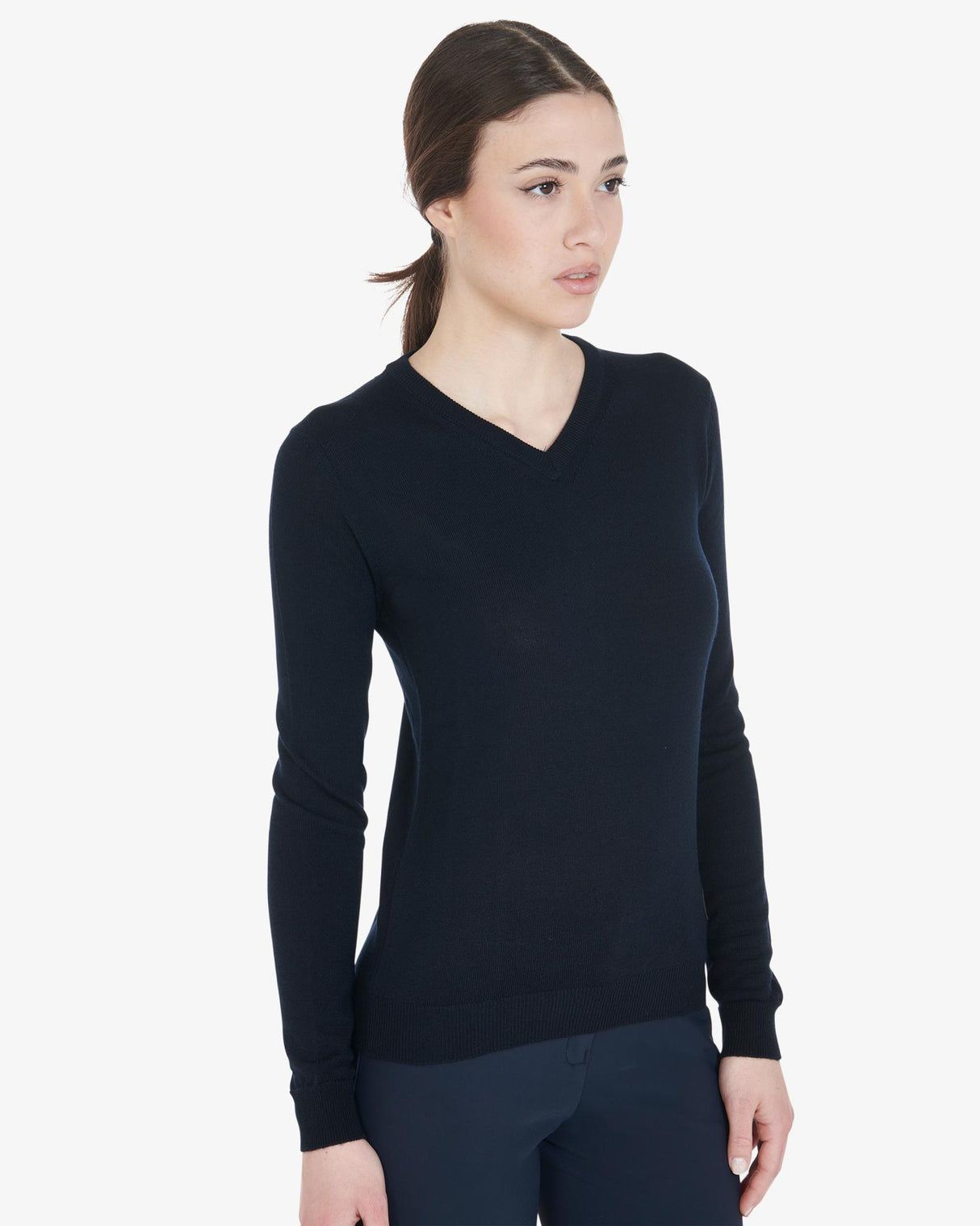 Equestro Women's Alesund Wool V-Neck Sweater #colour_navy