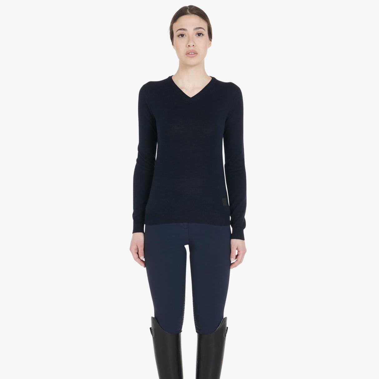 Equestro Women's Alesund Wool V-Neck Sweater #colour_navy