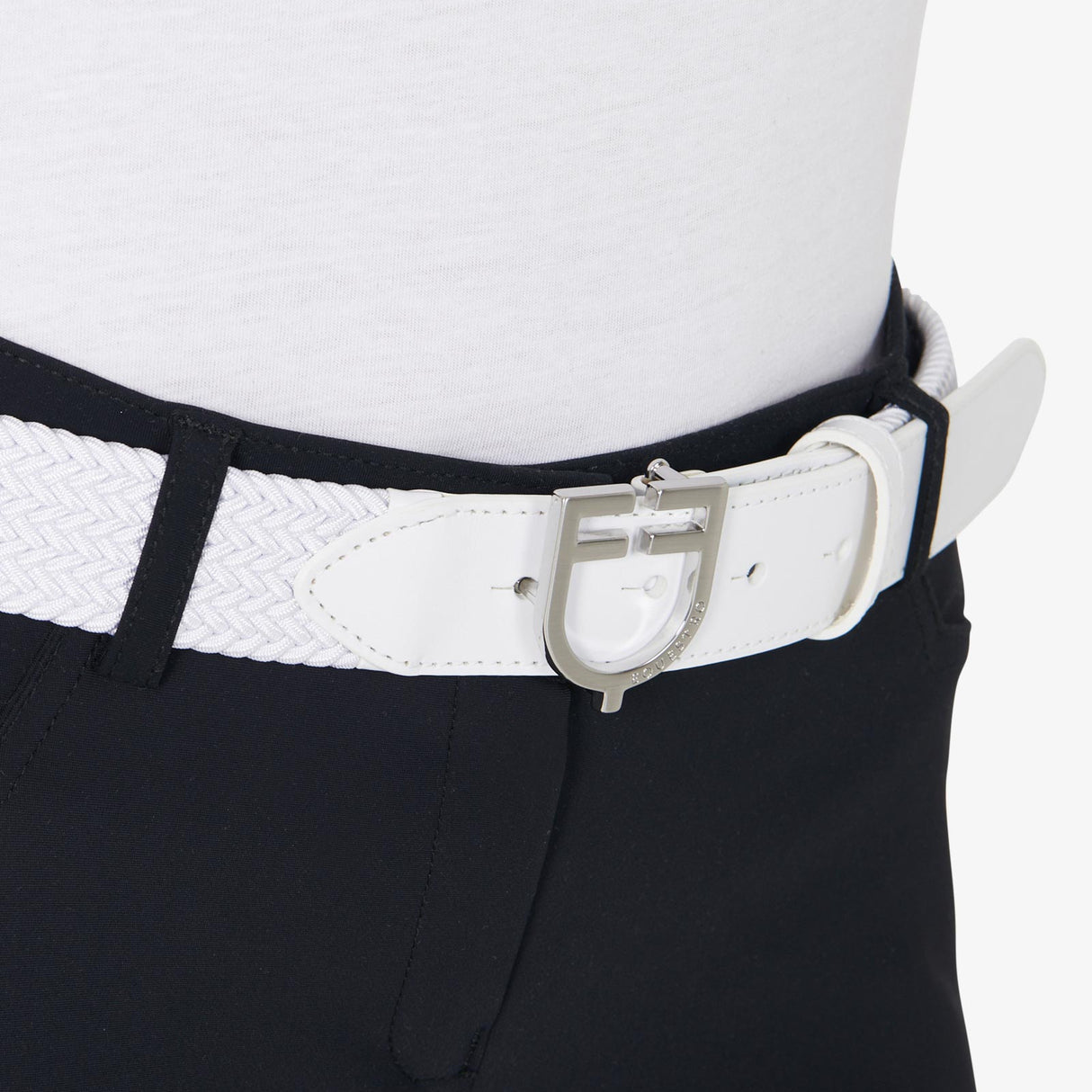 Equestro Leather Elastic Belt With Logoed Buckle #colour_white-silver