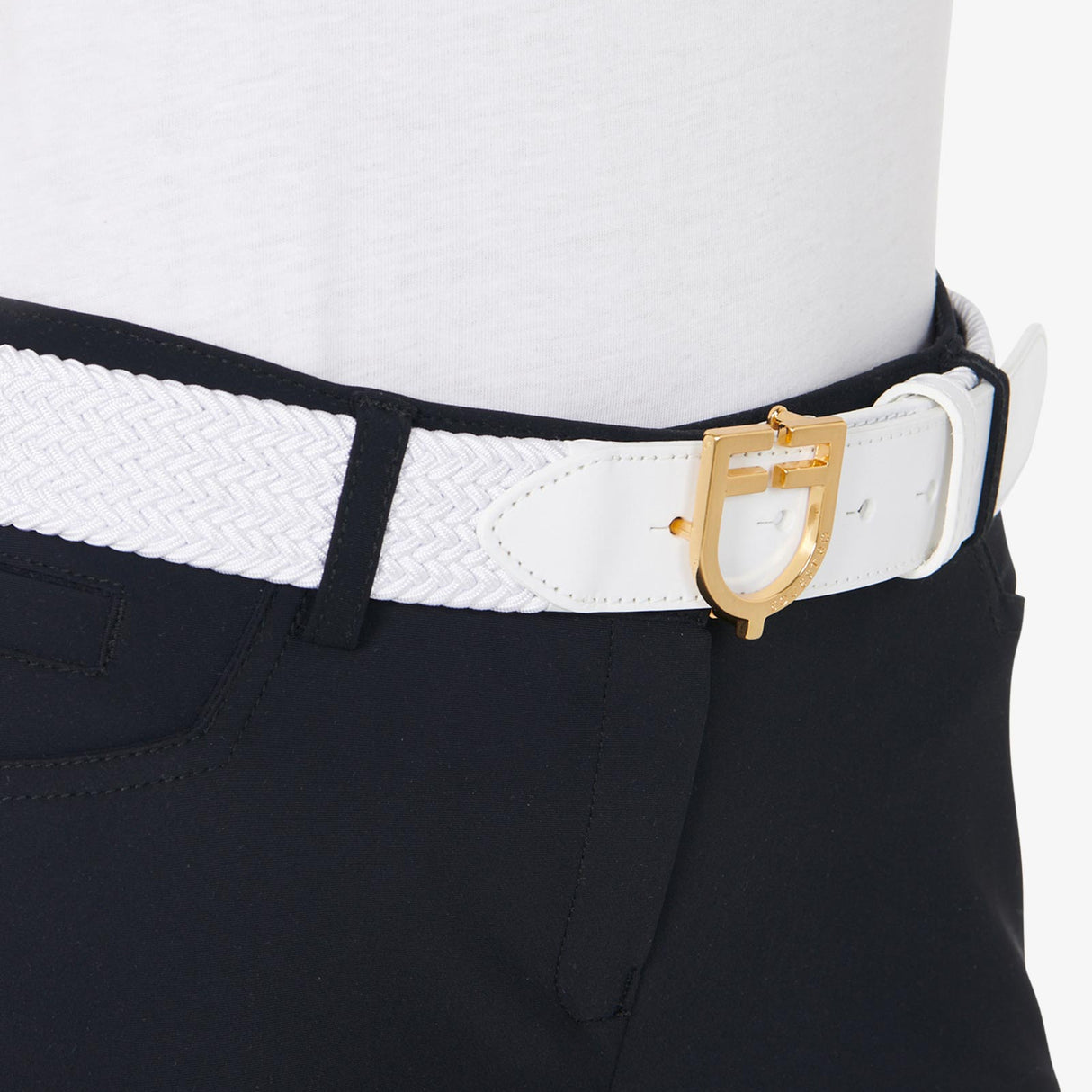 Equestro Leather Elastic Belt With Logoed Buckle #colour_white-gold