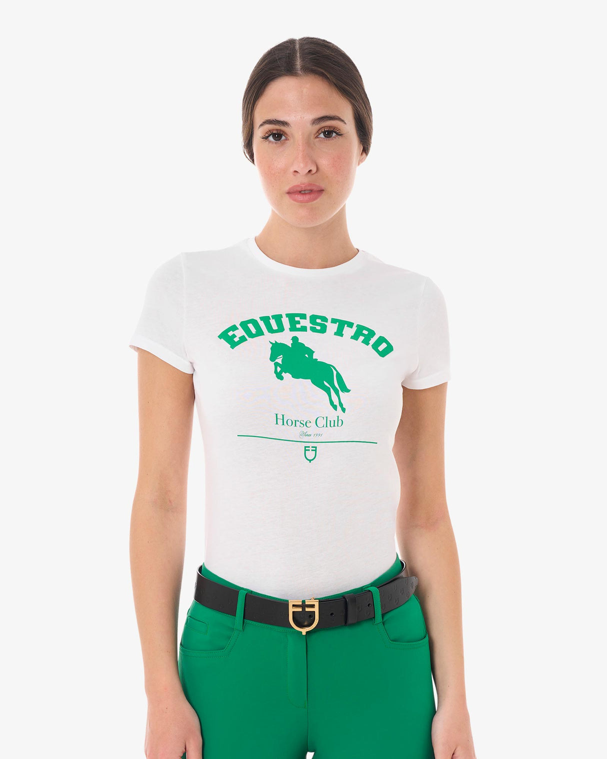 Equestro Women's Cotton Jumping Horse Club T-Shirt #colour_white