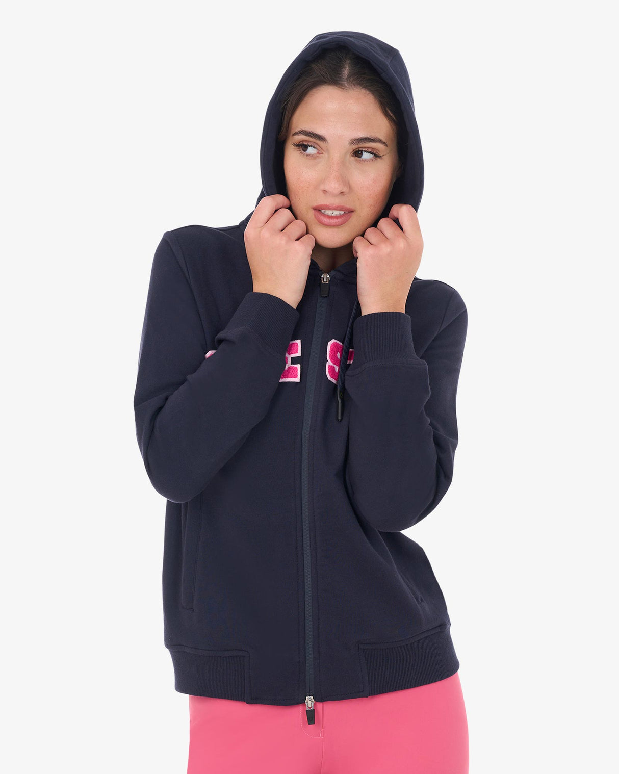 Equestro Women's Hoodie With Zip And Sponge Lettering #colour_blue-fucsia