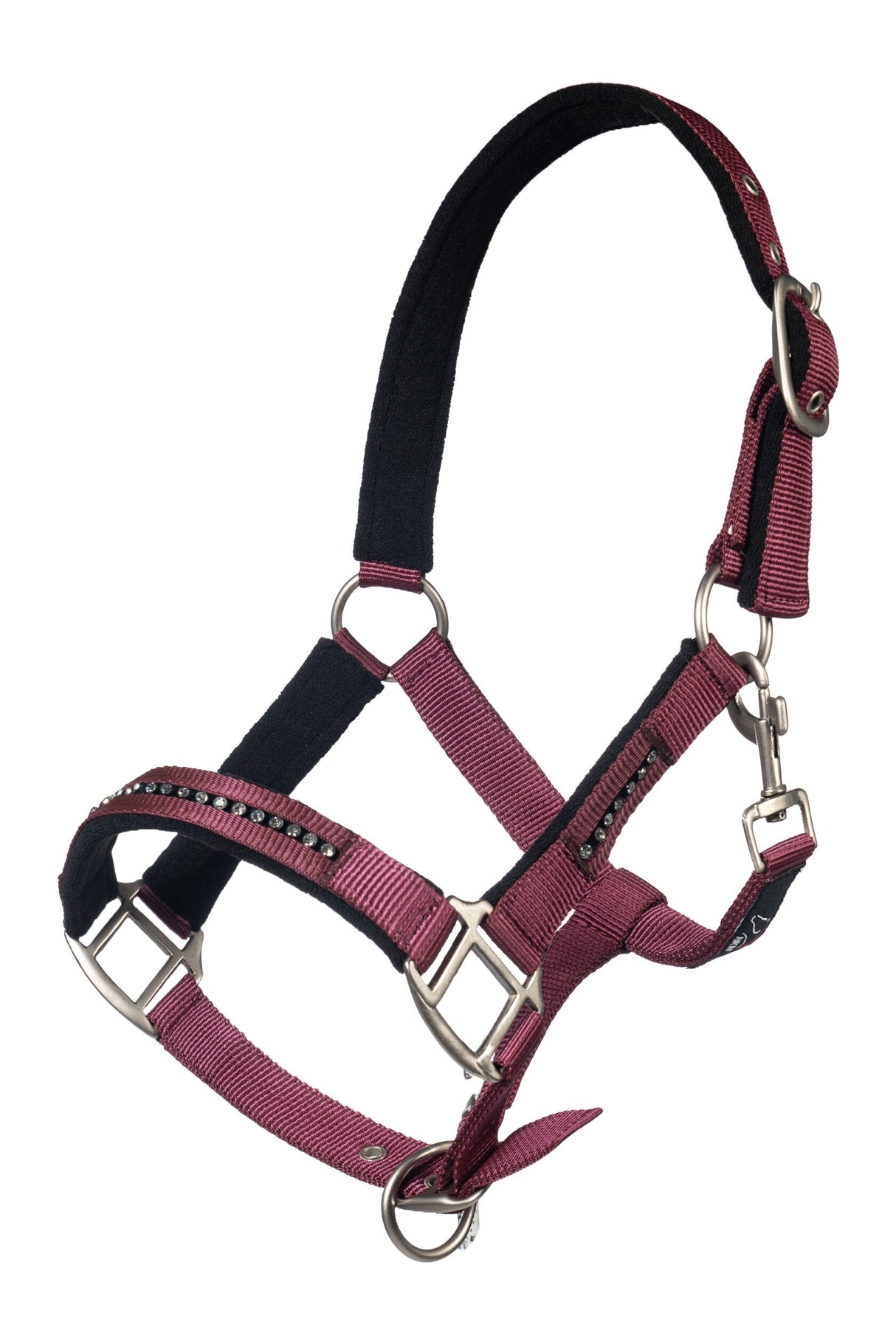 HKM Head Collar Set With Snap Hook -Crystal- Soft Padded #colour_dark-red-black