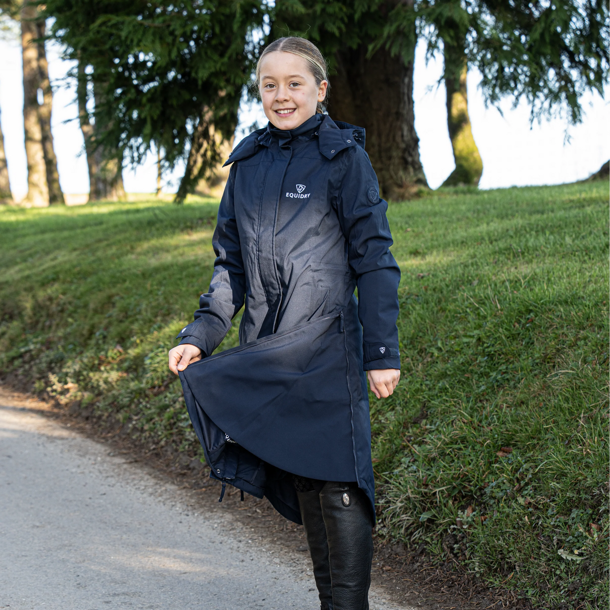 EQUIDRY Girl's Bronte Riding Coat with Removable Hood #colour_navy