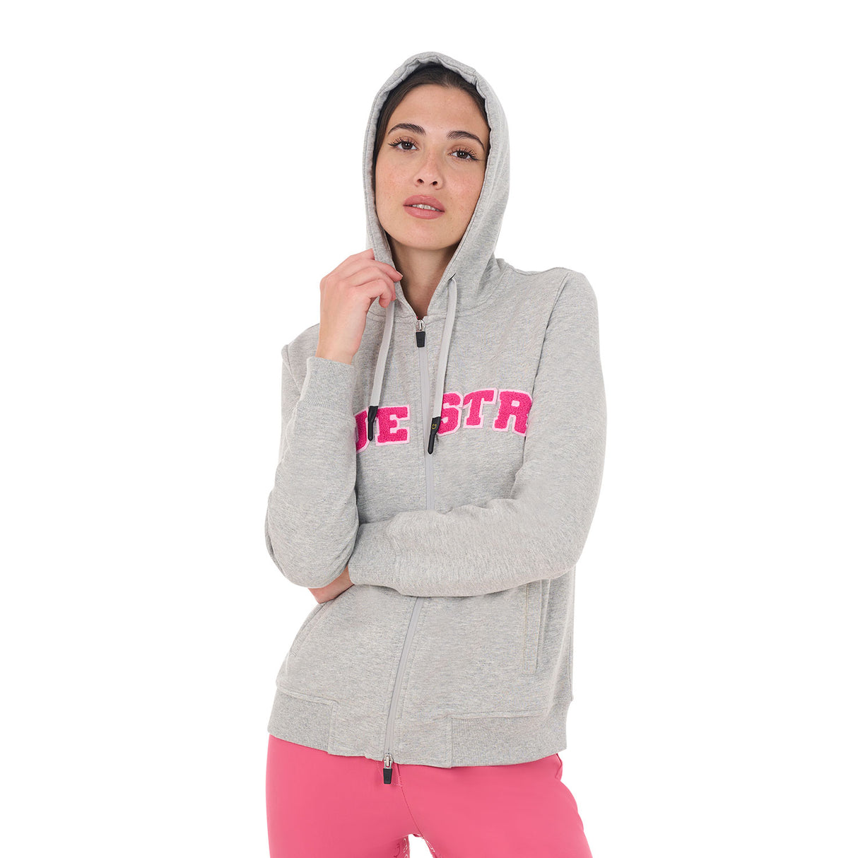 Equestro Women's Hoodie With Zip And Sponge Lettering #colour_grey-fucsia