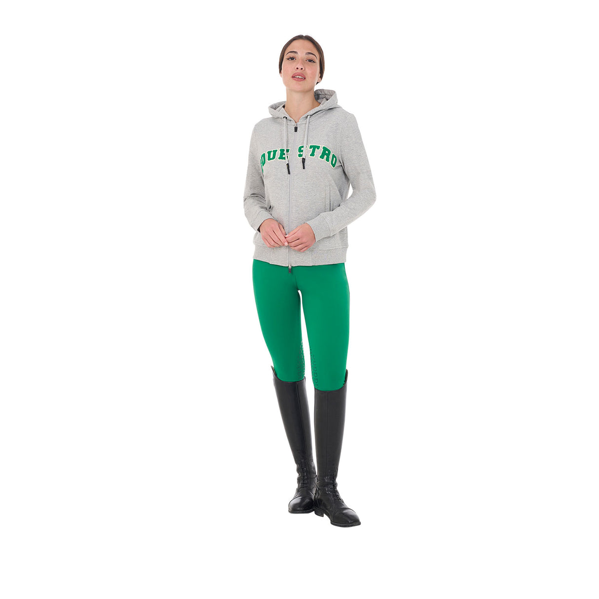 Equestro Women's Hoodie With Zip And Sponge Lettering #colour_grey-green