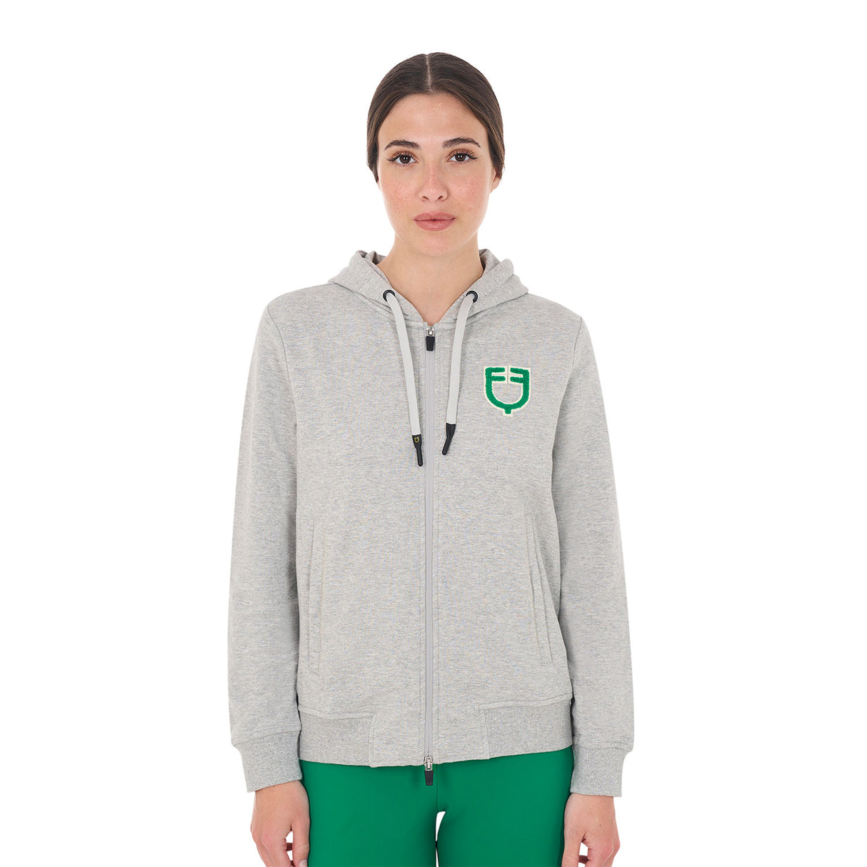 Equestro Women's Hoodie With Zip And Sponge Logo #colour_grey-green