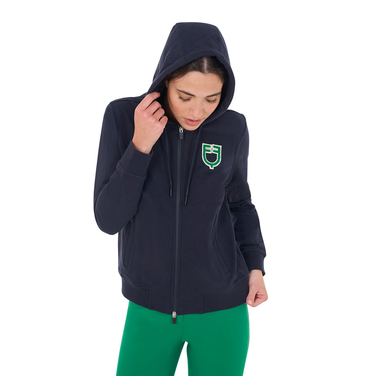 Equestro Women's Hoodie With Zip And Sponge Logo #colour_blue-green