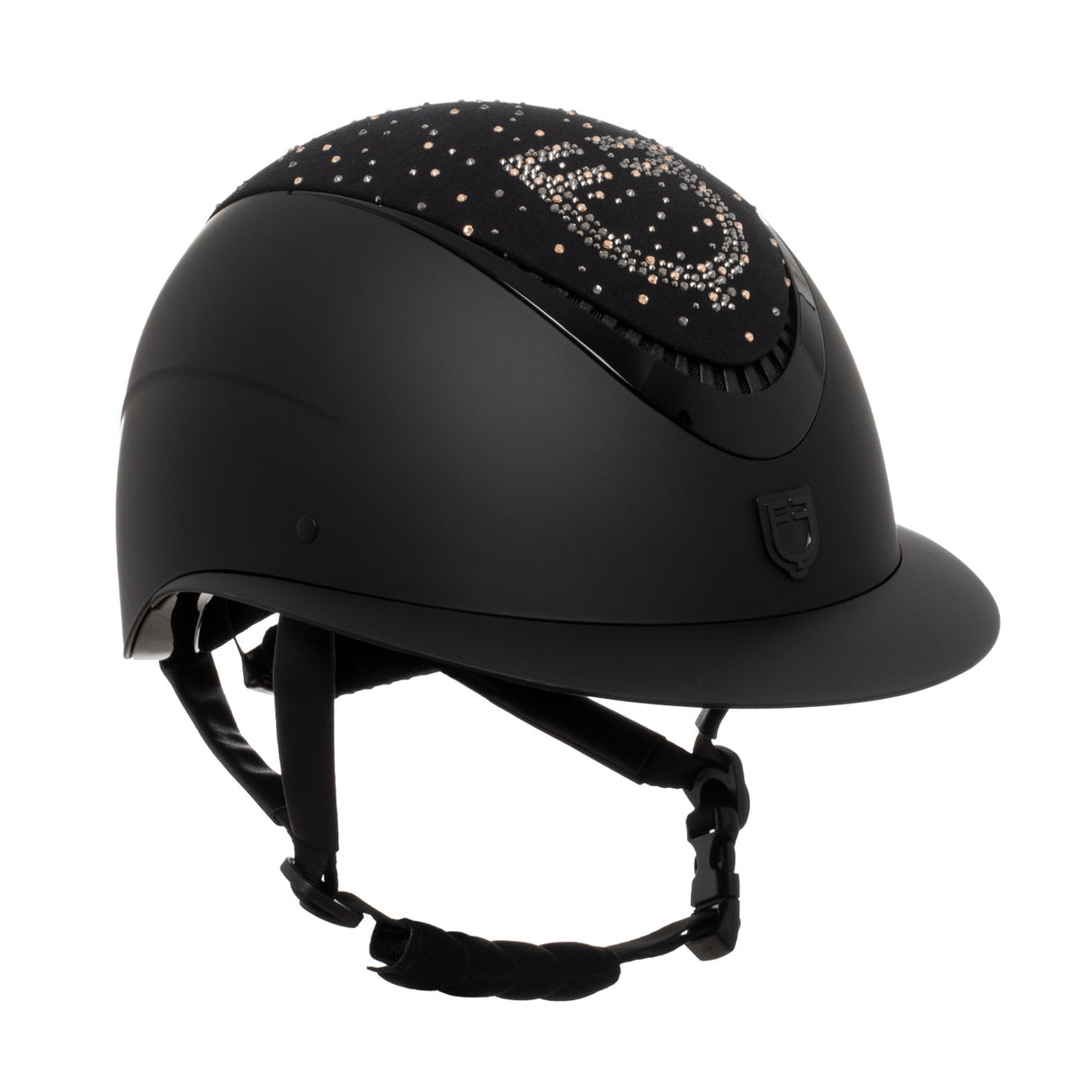 Equestro Matt Helmet With Wide Visor And Rhinestone Logo Homologation En 1384-2023 #colour_black