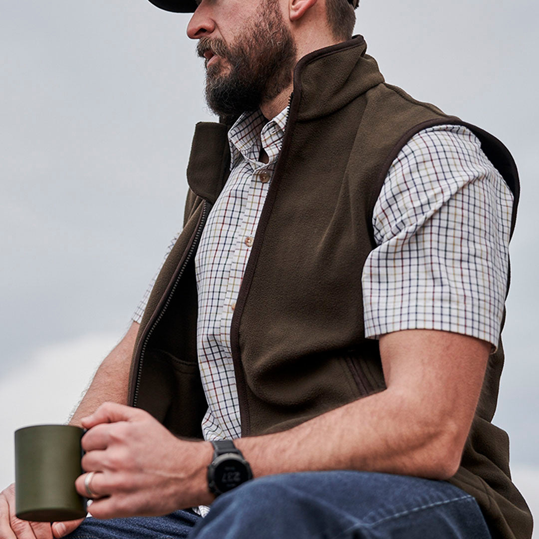 Hoggs of Fife Kessock Men's Short Sleeve Tattersall Shirt #colour_brown-blue-check