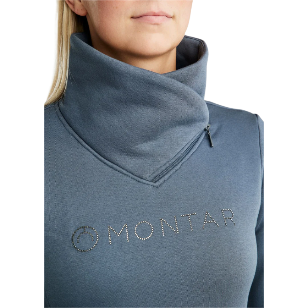 Montar MoNaja High Collar Sweatshirt with Gun Metal Crystal Logo #colour_dark-slate