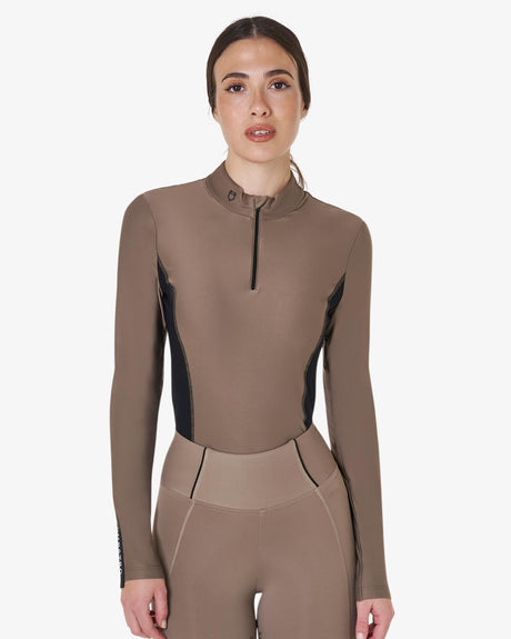 Women's long-sleeved training technical polo shirt - WALNUT