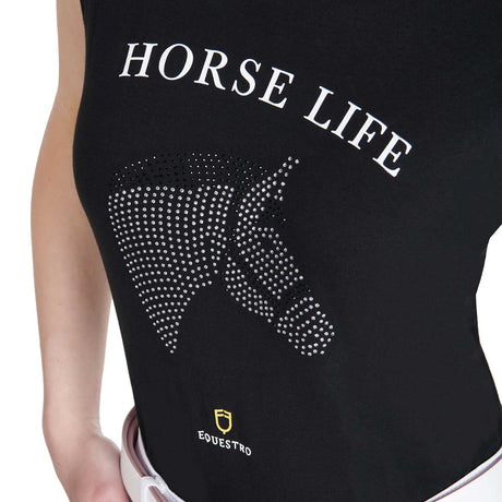 Equestro Women's Slim Fit T-Shirt Horse Life With Rhinestone #colour_black
