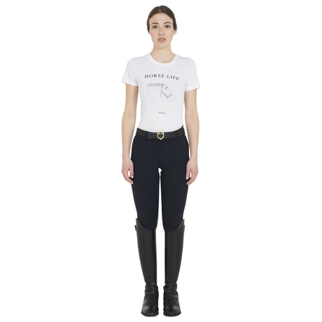 Equestro Women's Slim Fit T-Shirt Horse Life With Rhinestone #colour_white