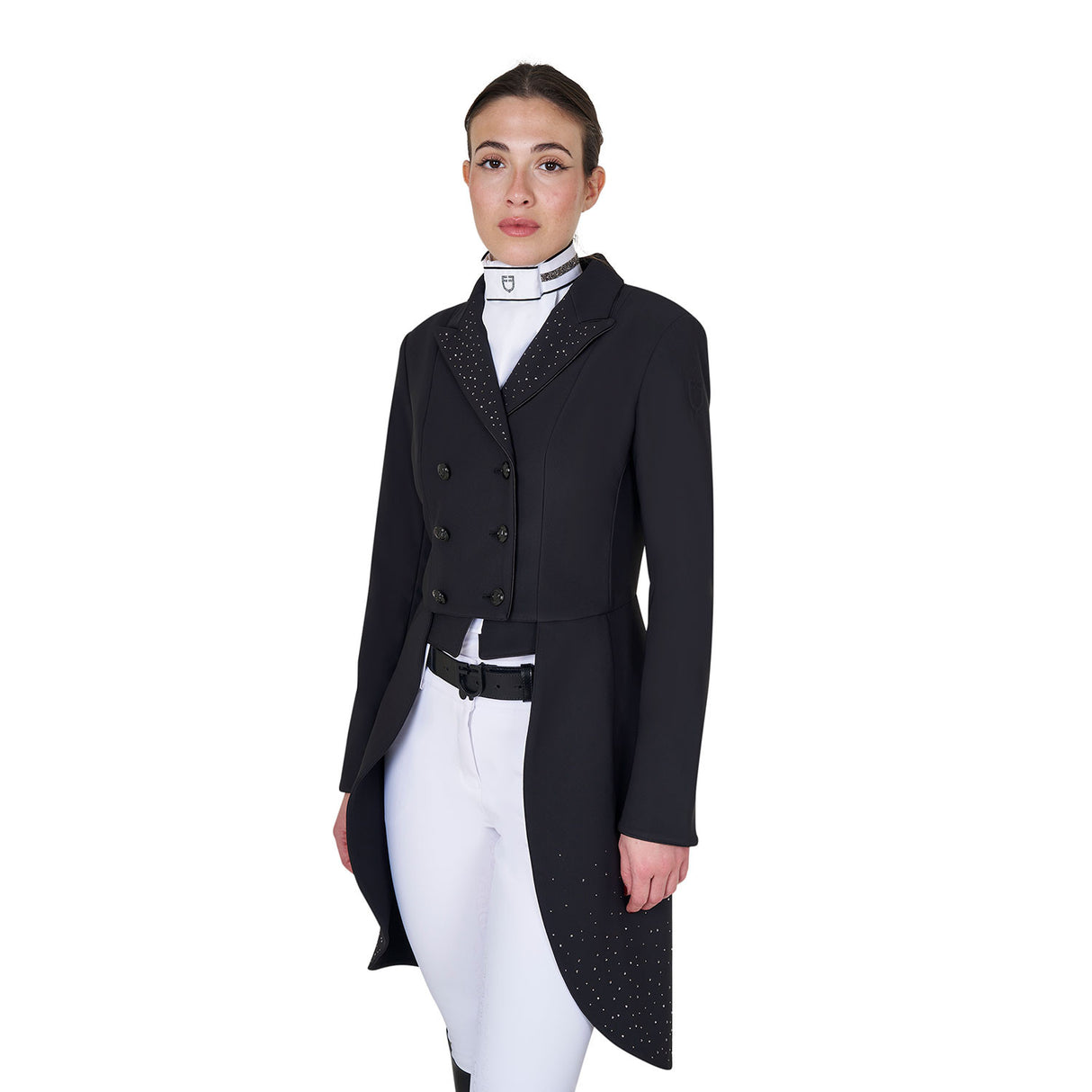 Women's tailocoat in technical fabric with rhinestones