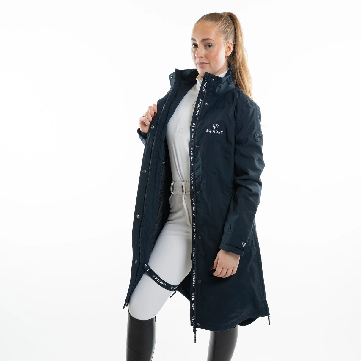 EQUIDRY Women's Bronte Riding Coat with Removable Hood #colour_navy