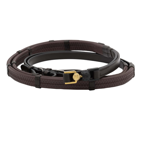 The FR Vincitore Libre Rein 12mm Indian Rubber with Loops #colour_havana-leather-gold-connector