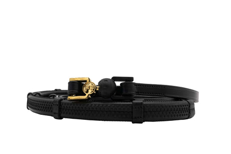 The FR Vincitore Libre Rein 16mm Indian Rubber with Loops #colour_black-leather-gold-connector