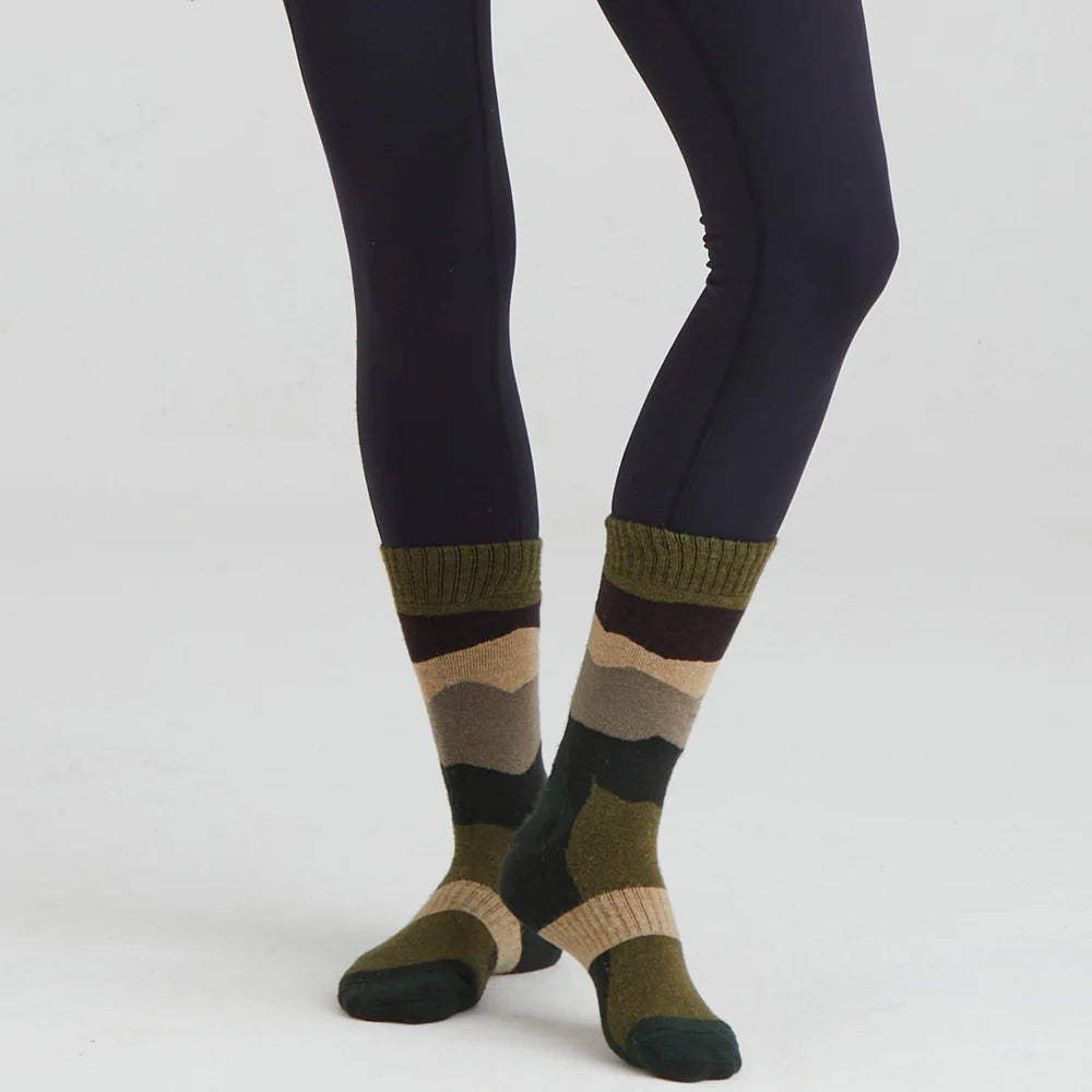 Ridgeline Merino Mid Length Wool Socks #colour_olive-stripes
