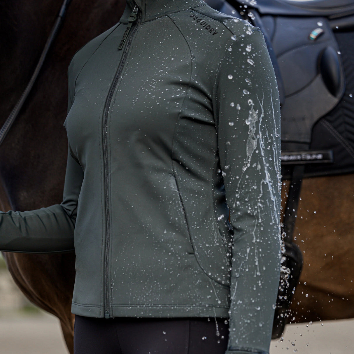 EQUIDRY Women's Water Repellent Zip up Top #colour_black-forest-green-black