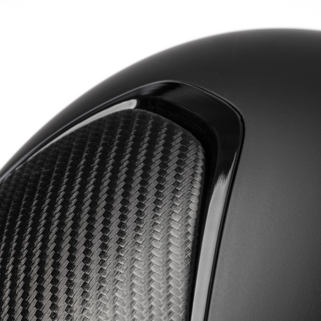 Charles Owen Hyda Carbon riding hat in Black Matte/Black Gloss, close-up of the carbon-effect side panel