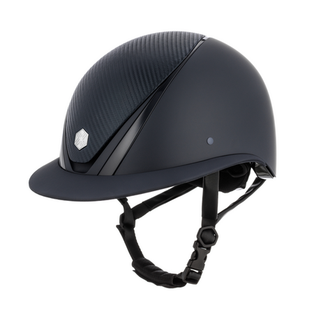 Charles Owen Hyda Carbon Wide Peak with Mips riding hat in Navy Matte/Navy Gloss, side view